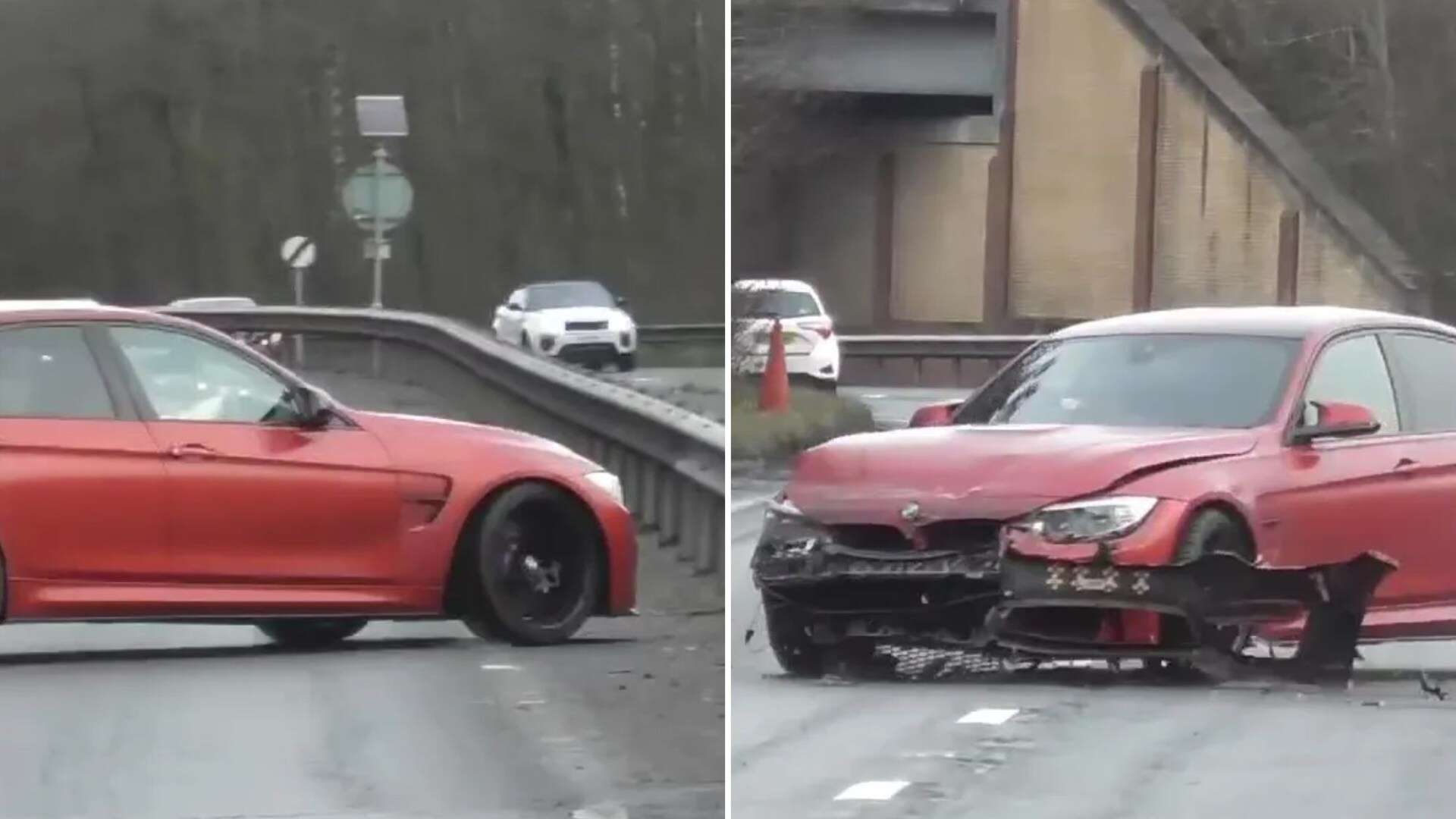 Watch driver’s £80k BMW spin out of control & smash into barrier on empty road