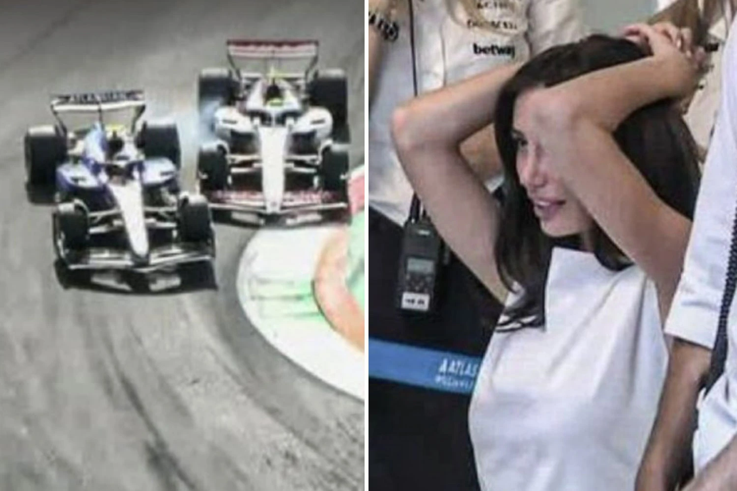 Moment F1 star's model girlfriend reacts as he spins off track at high speed
