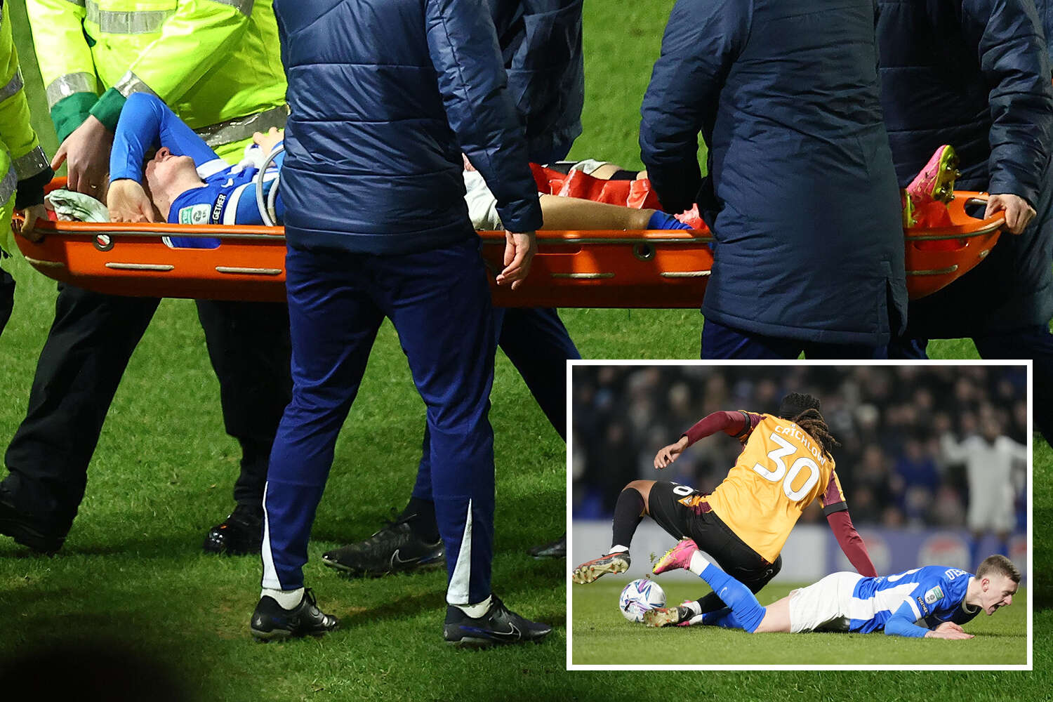 Birmingham's Jay Stansfield stretchered off in worrying scenes during cup tie