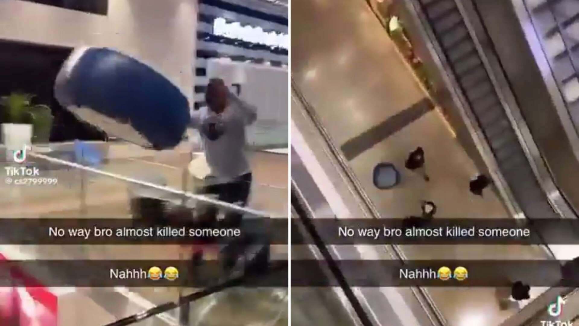 Moment yob nearly kills Westfield shopper by hurling seat from top floor