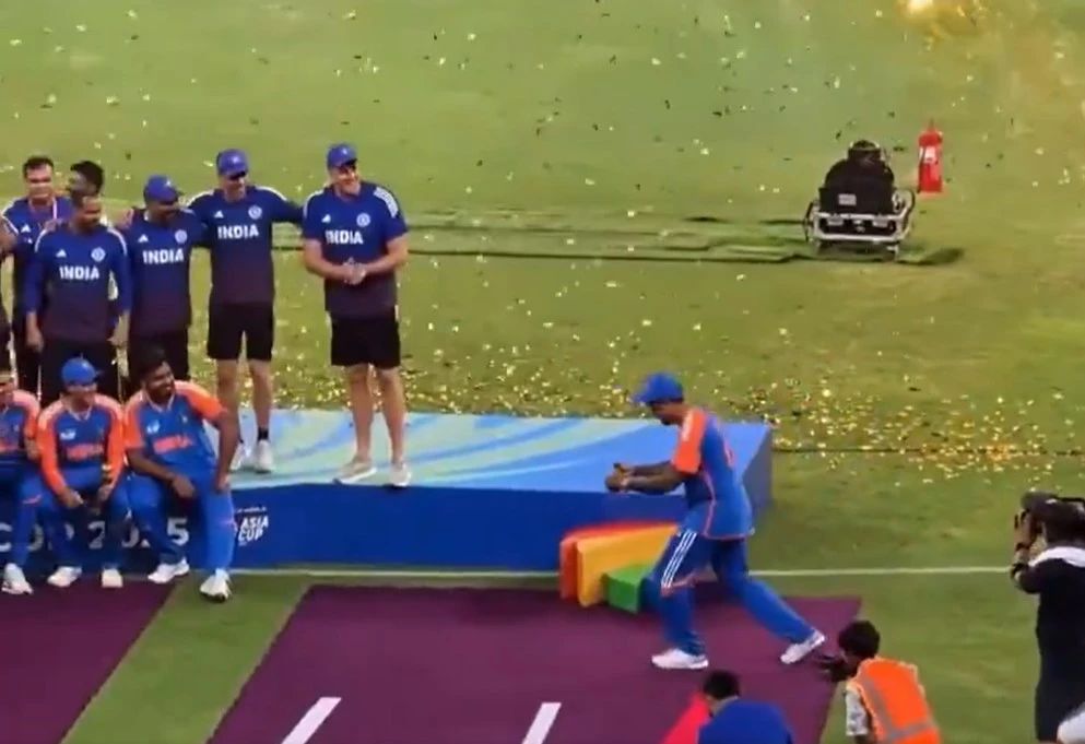 Bizarre moment India stars celebrate with invisible trophy after row