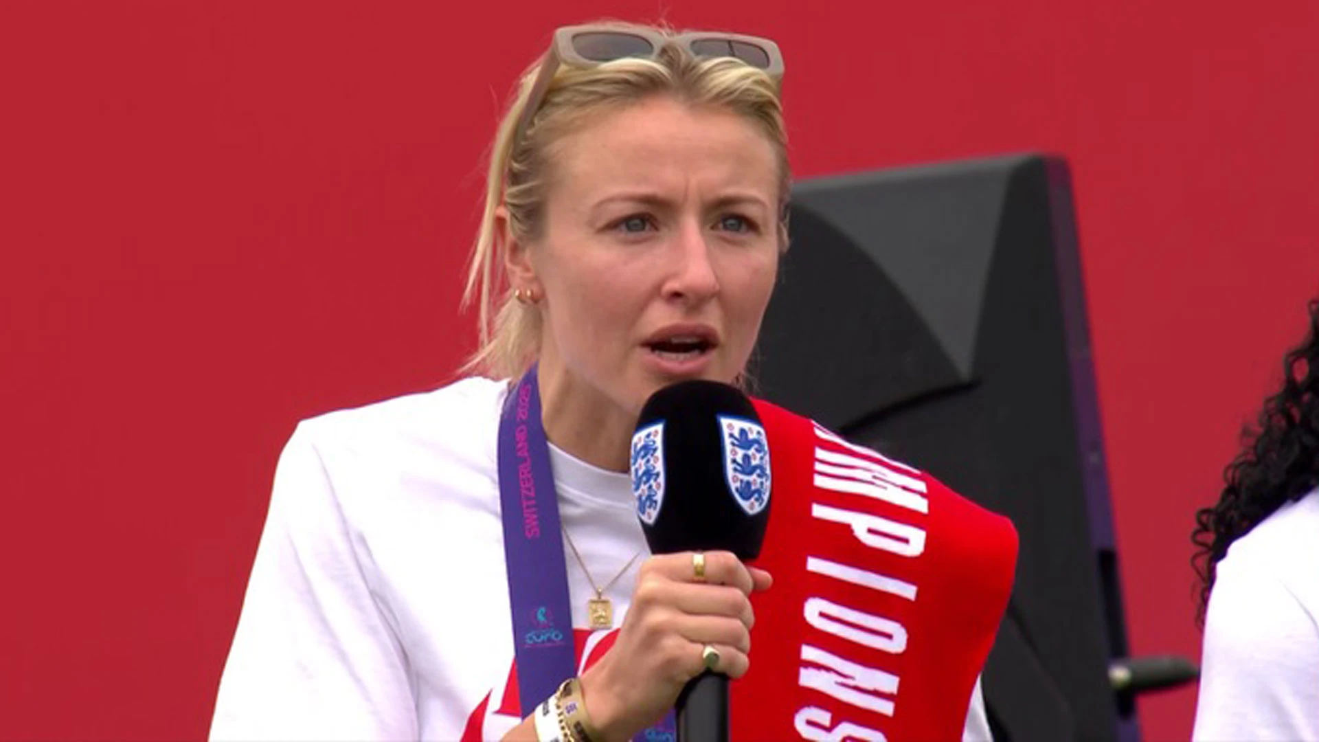 Moment England captain Williamson chokes back tears on stage at parade