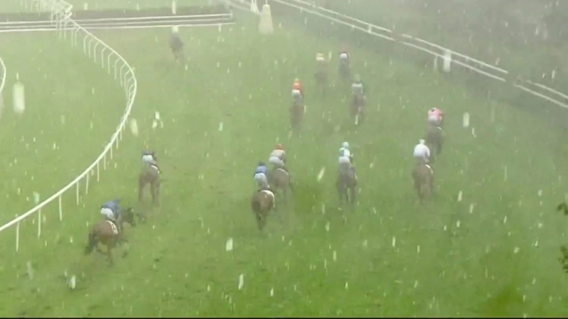 Race dramatically stopped as horses and jockeys are pelted with 'painful' hail