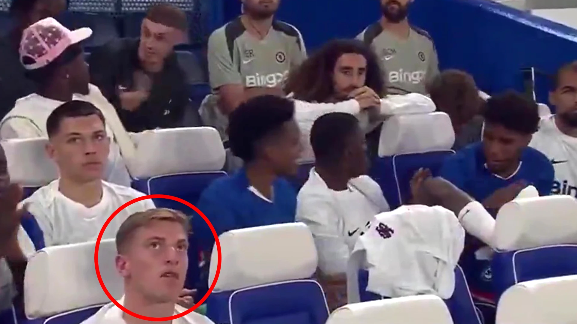 Chelsea fans spot Liam Delap's sad reaction on bench after Joao Pedro goal
