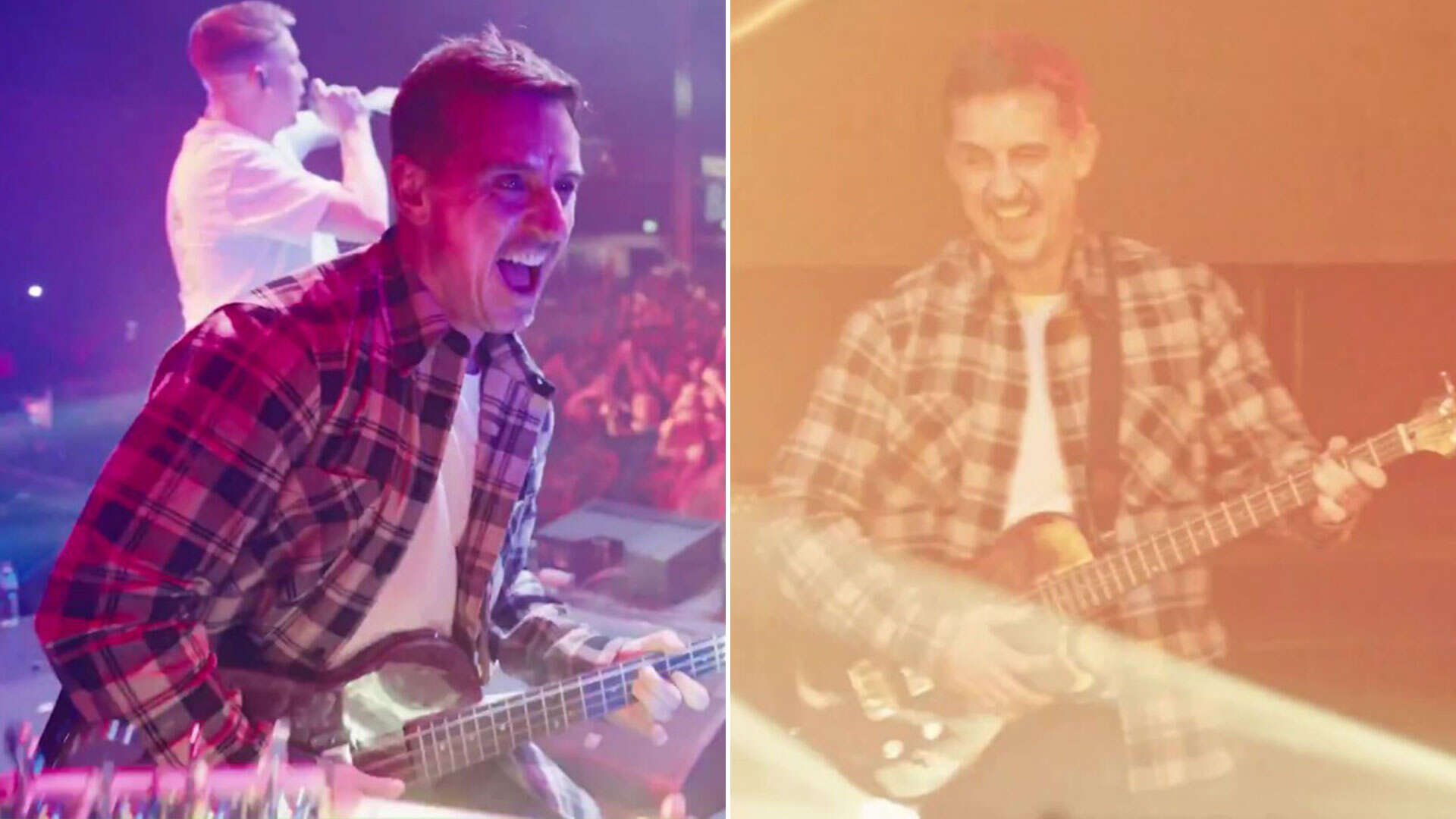 Incredible moment Gary Neville joins rock band on stage to play bass