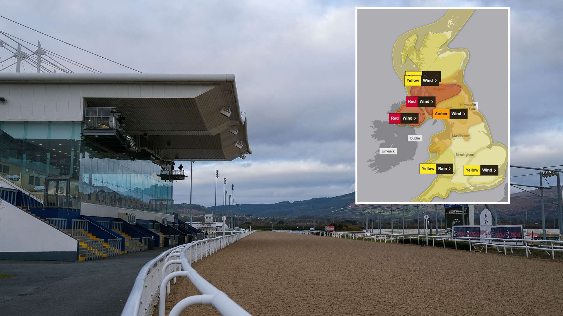 Racing cancelled due to killer 90mph wind warning as Storm Eowyn hits