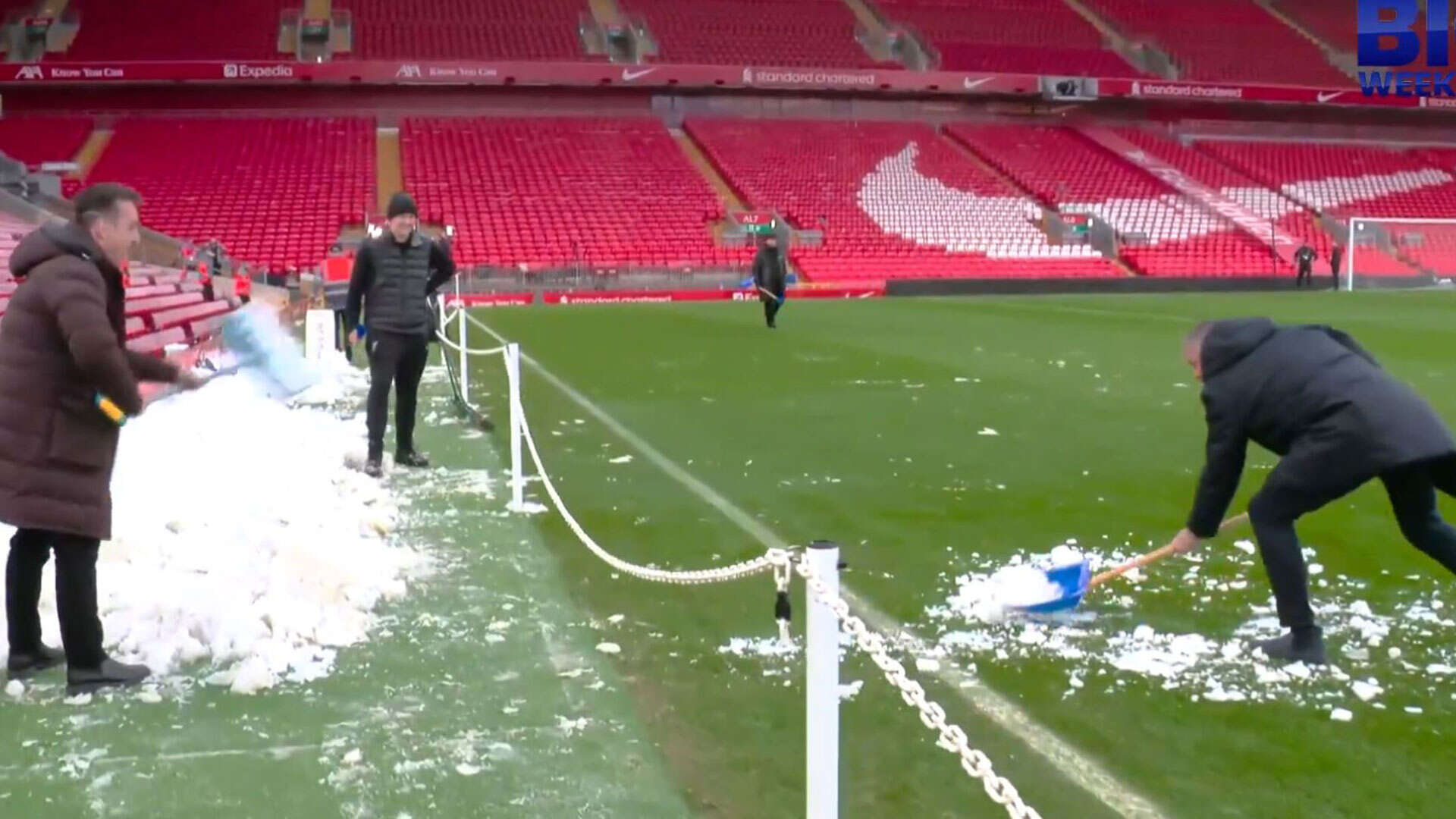 Nev shovels snow back on to pitch as fans say he's ‘doing best to get match KOd’