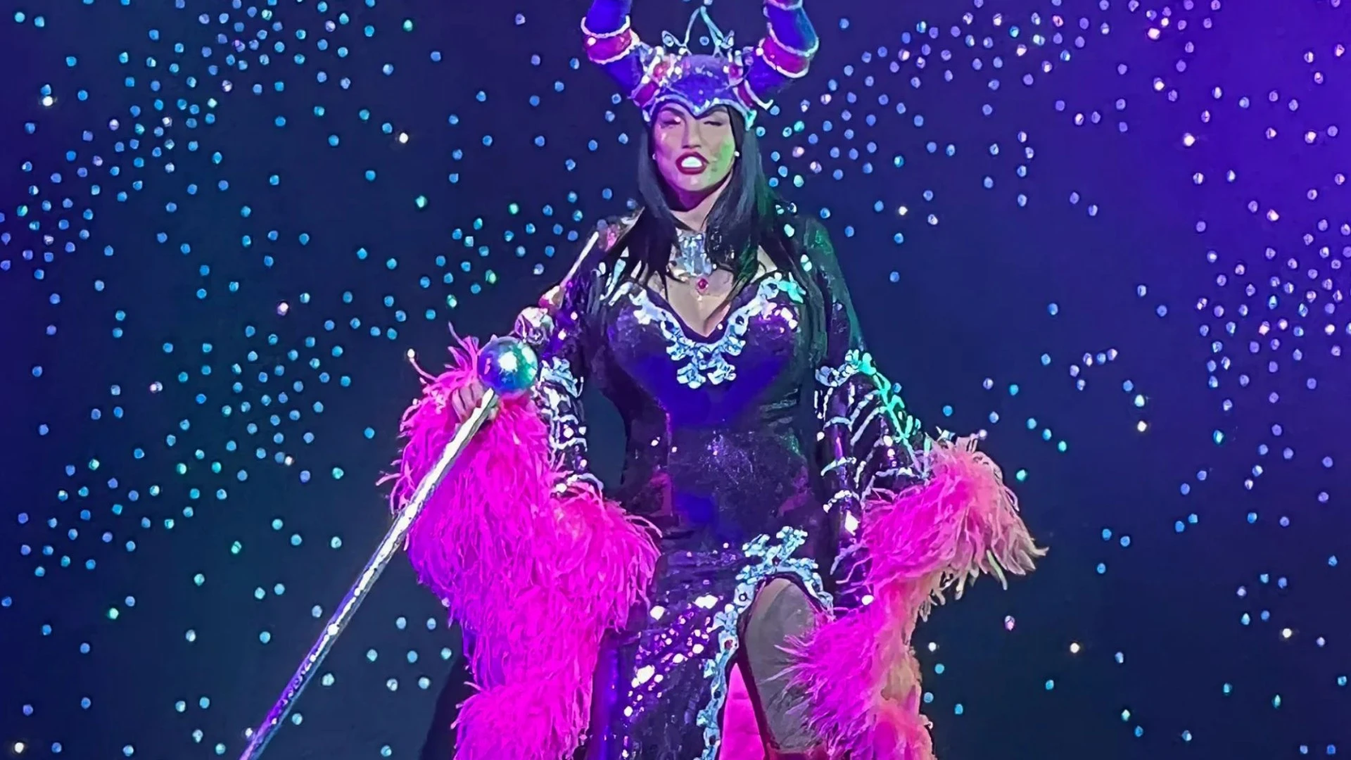 THE former glamour model, 45, was seen for the first time on stage as the wicked fairy during her first Sleeping Beauty pantomime performance.