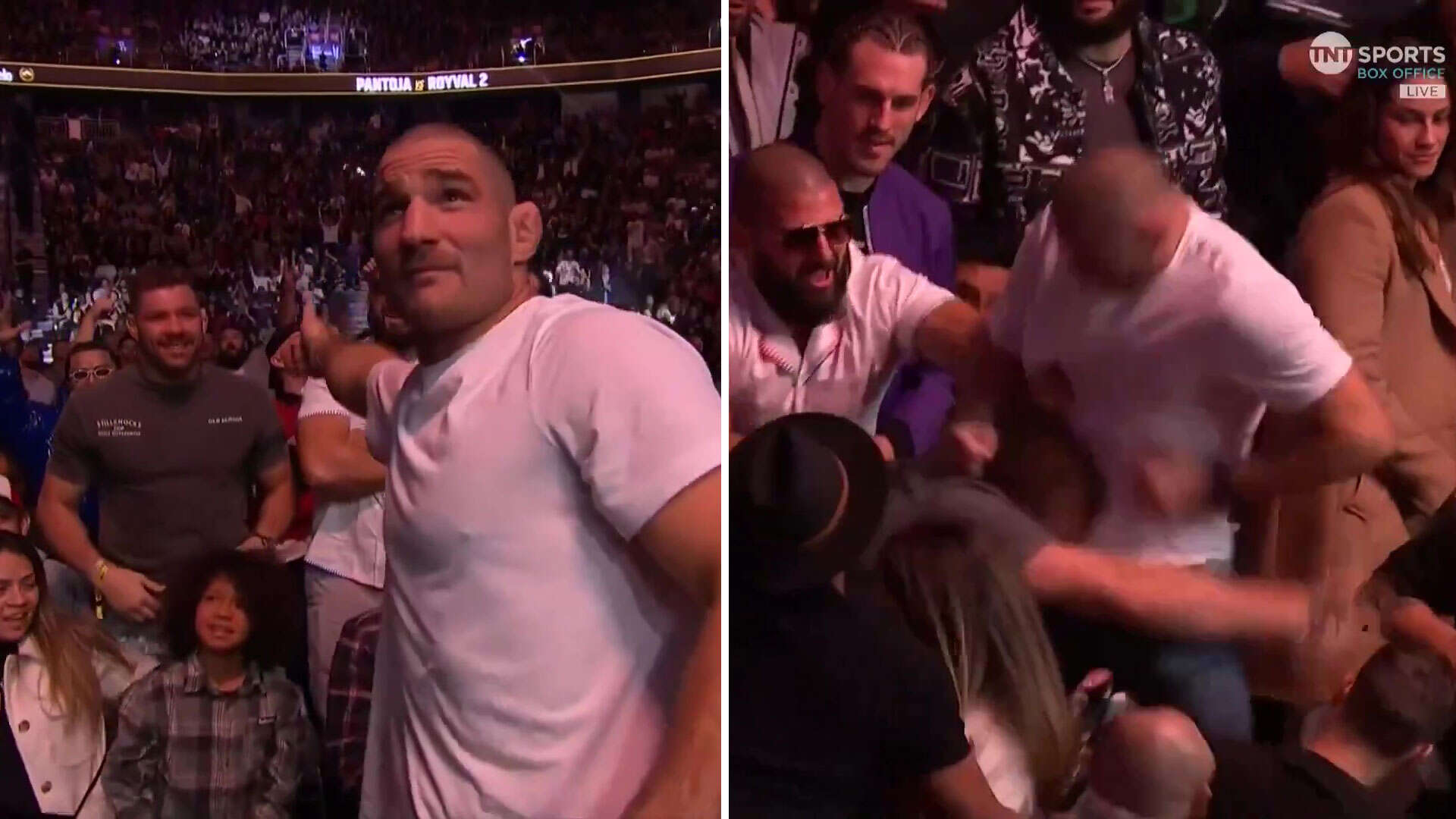 THE CHAMP was seated alongside his upcoming challenger Dricus du Plessis in the VIP section at UFC 296. And it did not take long for things to explode.