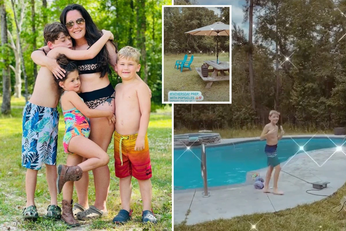 Inside Teen Mom Jenelle Evans' backyard featuring pool, jacuzzi and picnic table