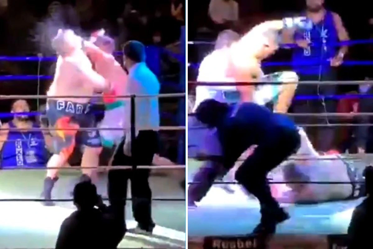 Astonishing moment boxer STAMPS on opponent's face after knocking him down