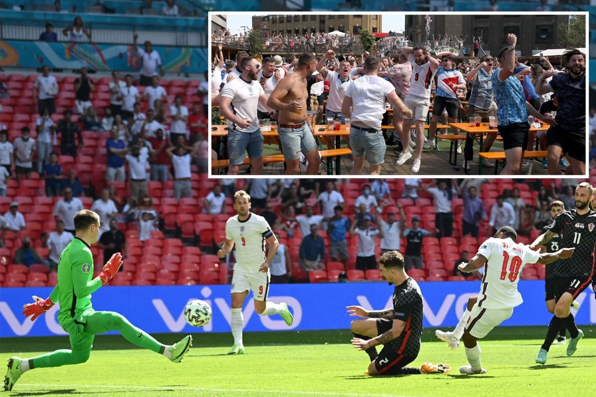 Watch England fans throw beer everywhere after Sterling scores against Croatia