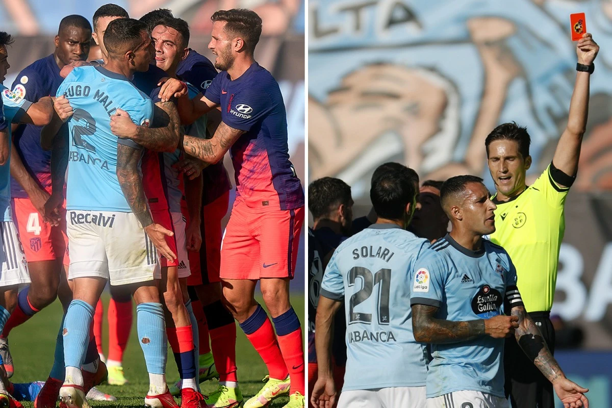 Watch mass brawl break out in Atletico 2-1 win at Celta as Luis Suarez STAMPED ON