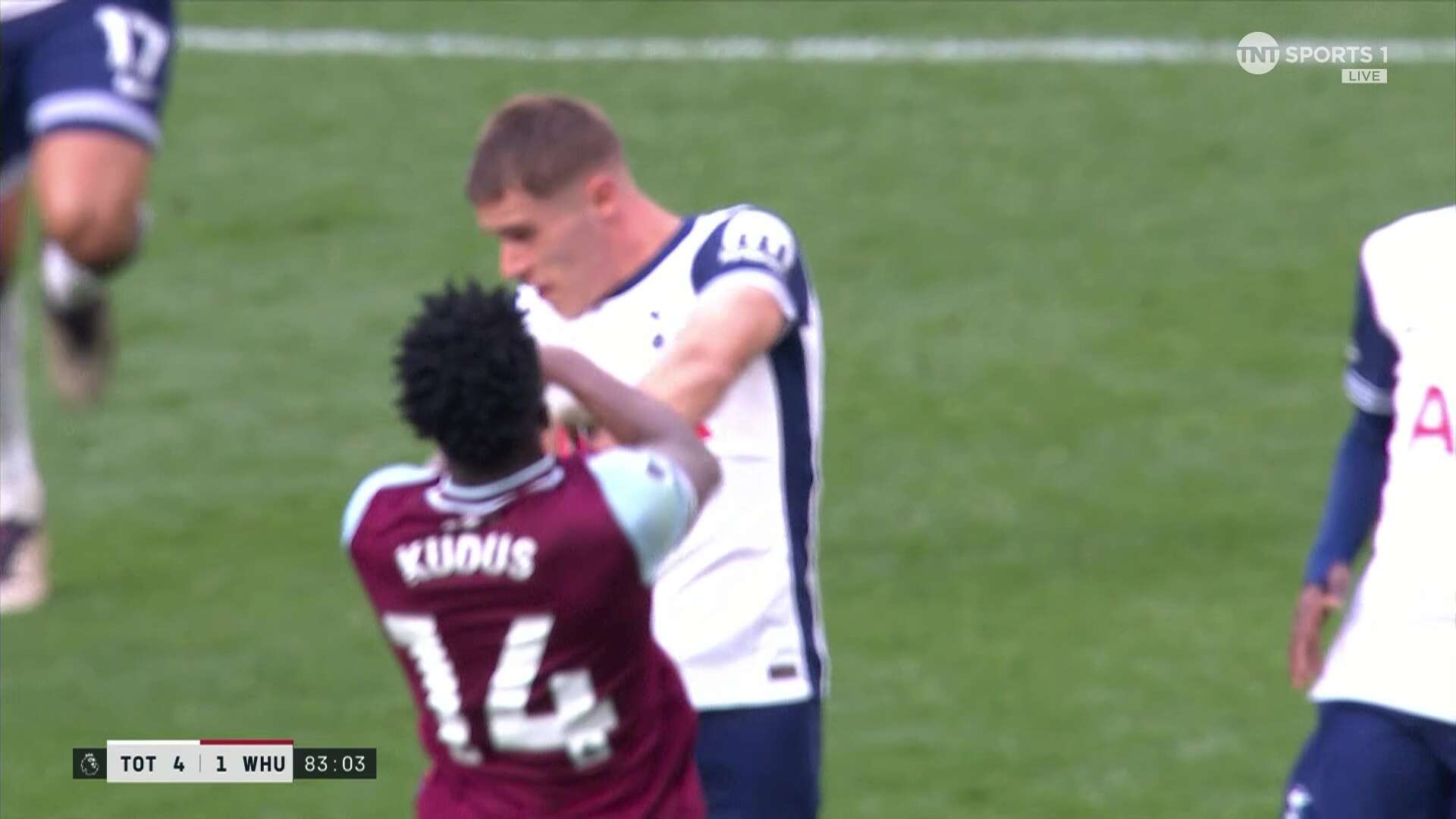 West Ham star Kudus sent off after striking two Spurs players in face