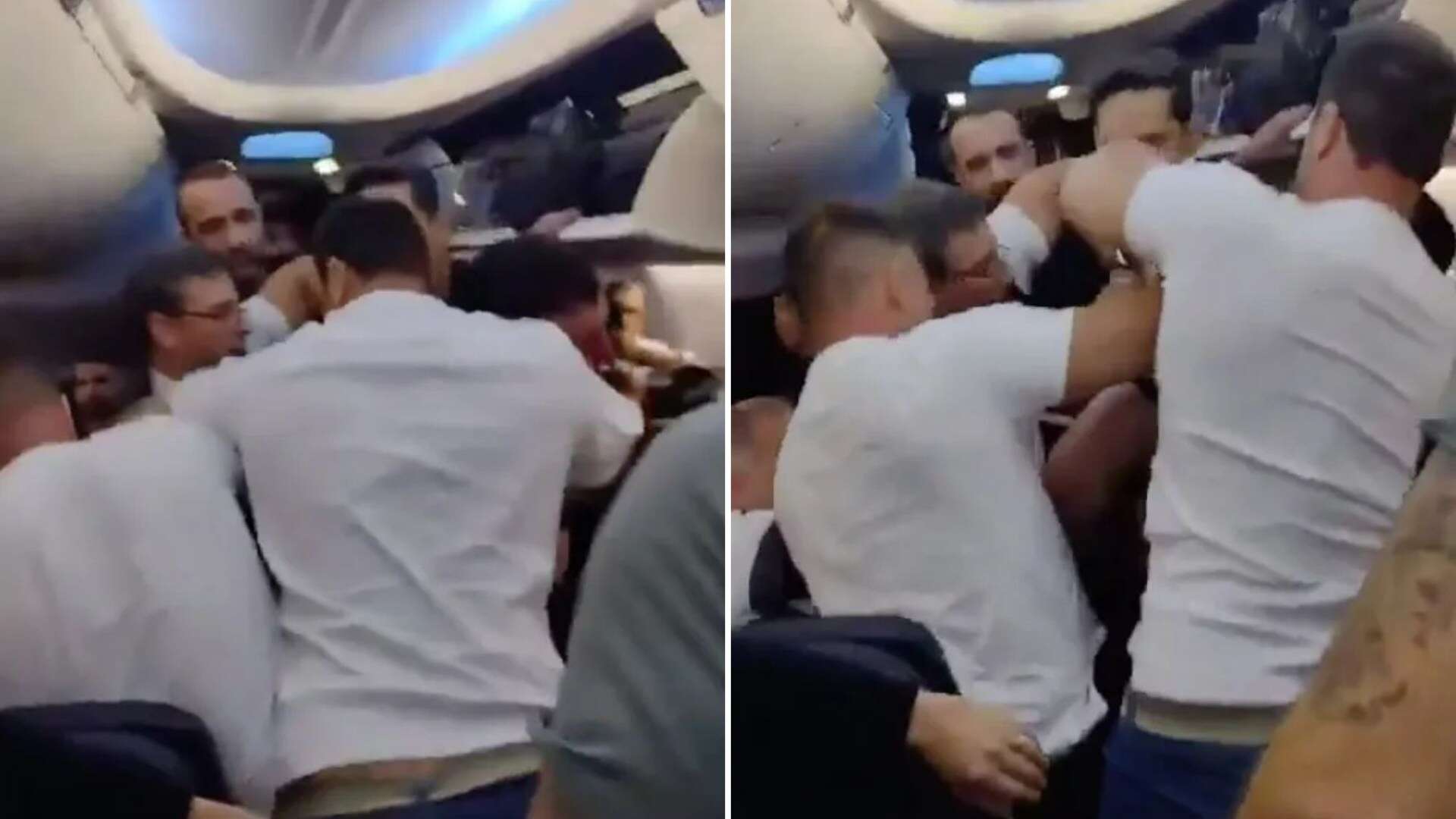 Moment passenger is pinned down after trying to open PLANE DOOR mid-flight