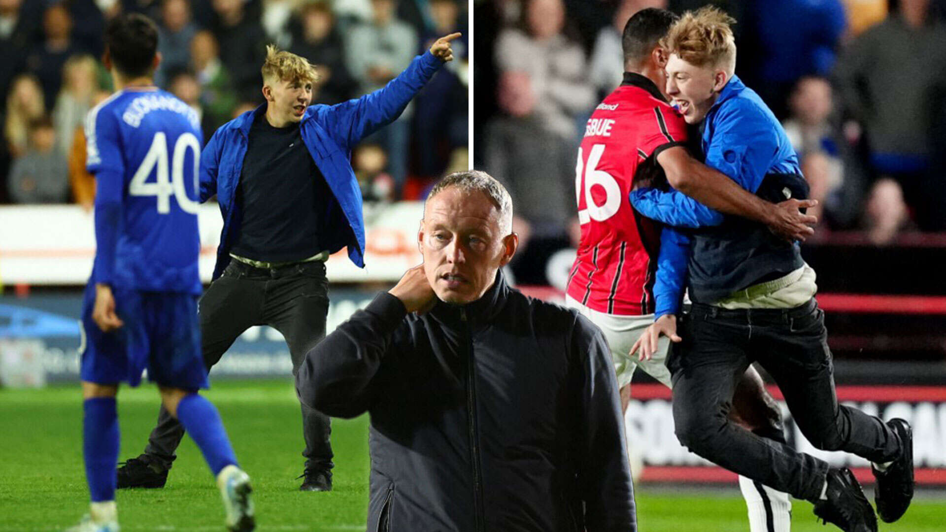 Pitch invader stopped from confronting Leicester boss as player tackles fan