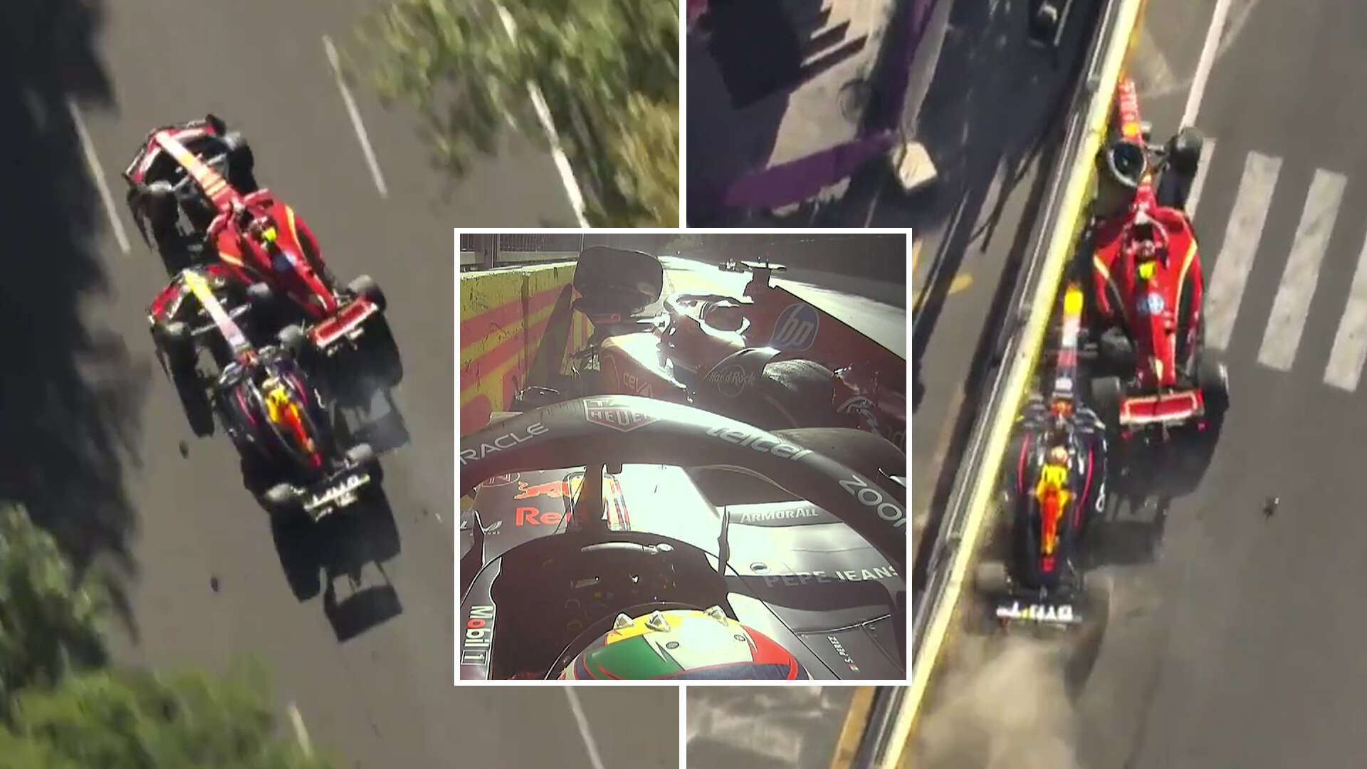 Watch incredible F1 crash as Sainz runs Perez into barrier in podium scrap