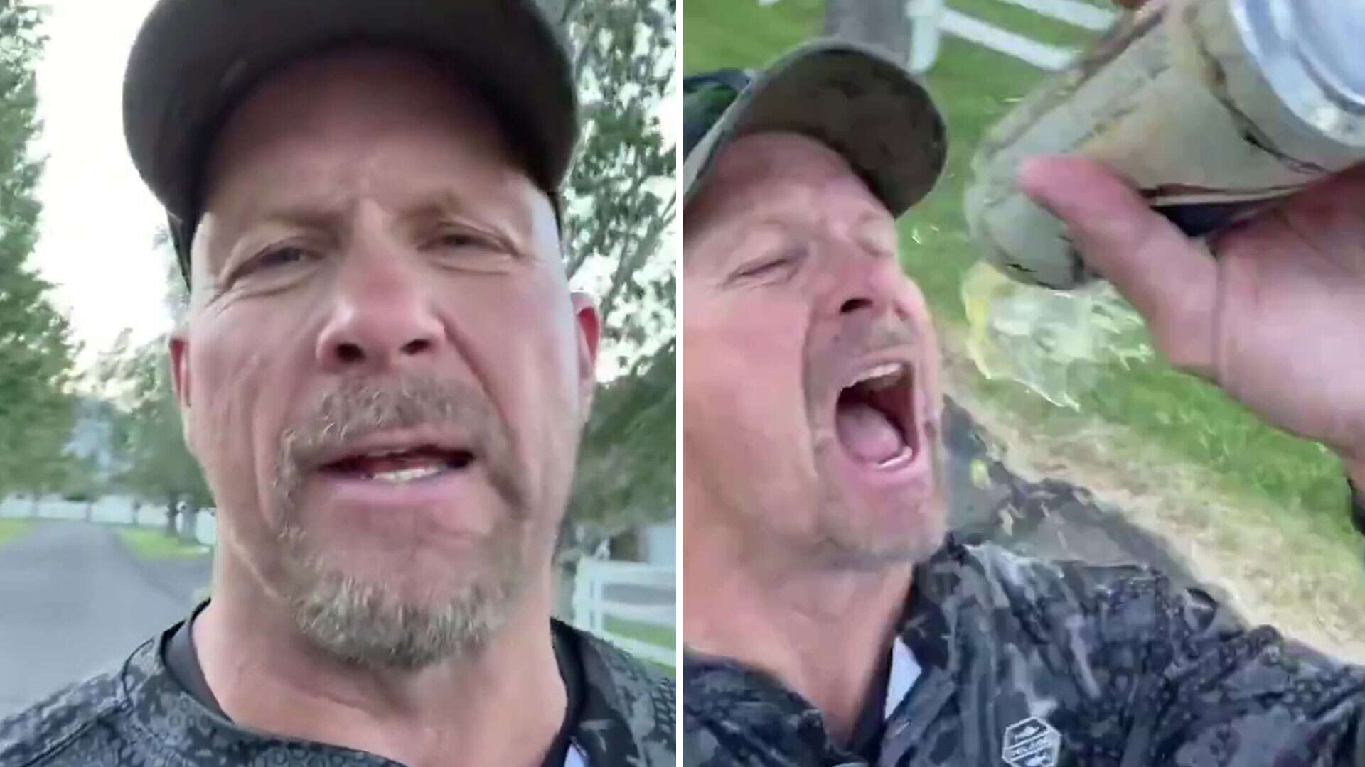 Watch as WWE legend Steve Austin's attempt to drink beer goes comically wrong