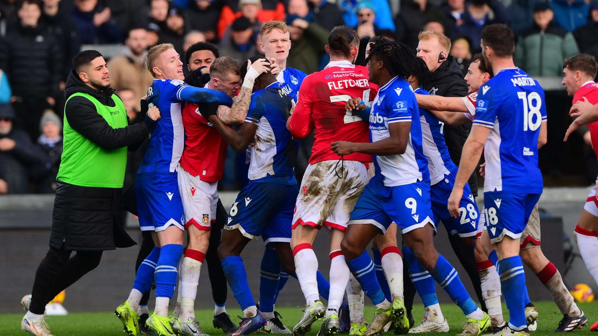 Wrexham clash descends into huge brawl at full-time as tempers flare