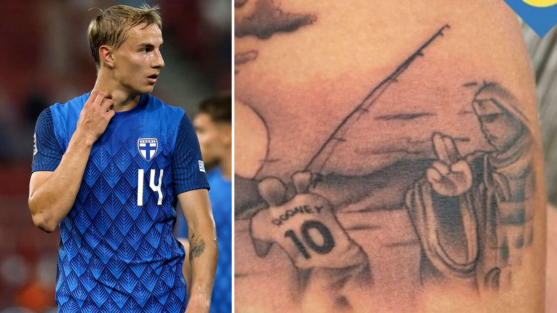 Finland star set to take on England has bizarre tattoo of Wayne Rooney fishing