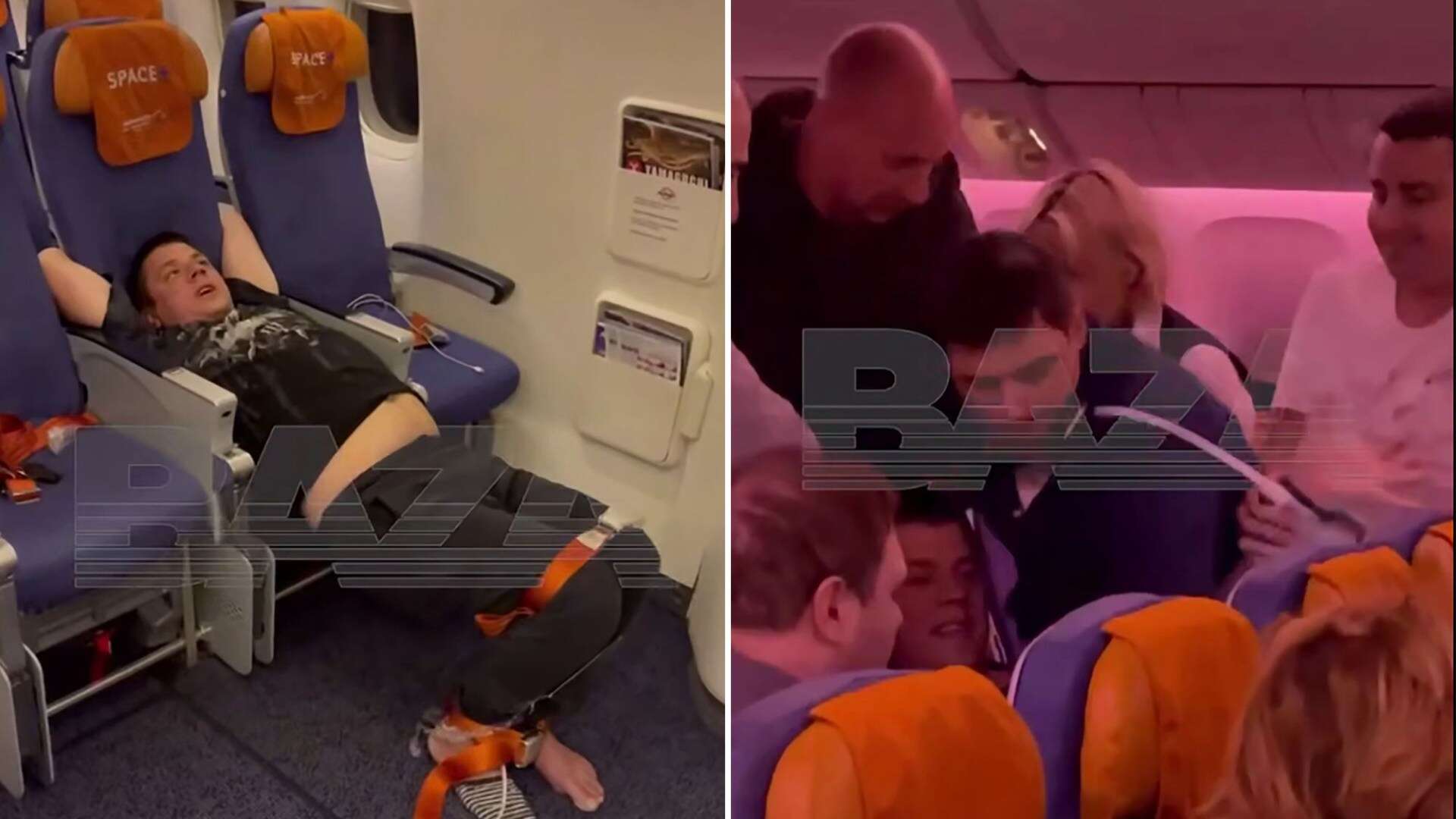 ‘Berserk’ plane passenger tied up with SEATBELTS after trying to smash window