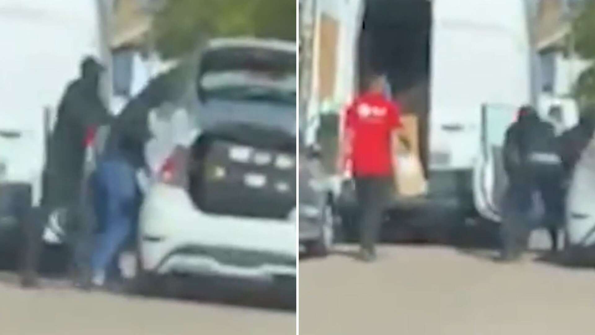 Moment helpless DPD driver watches on as vile gang rob his van in broad daylight