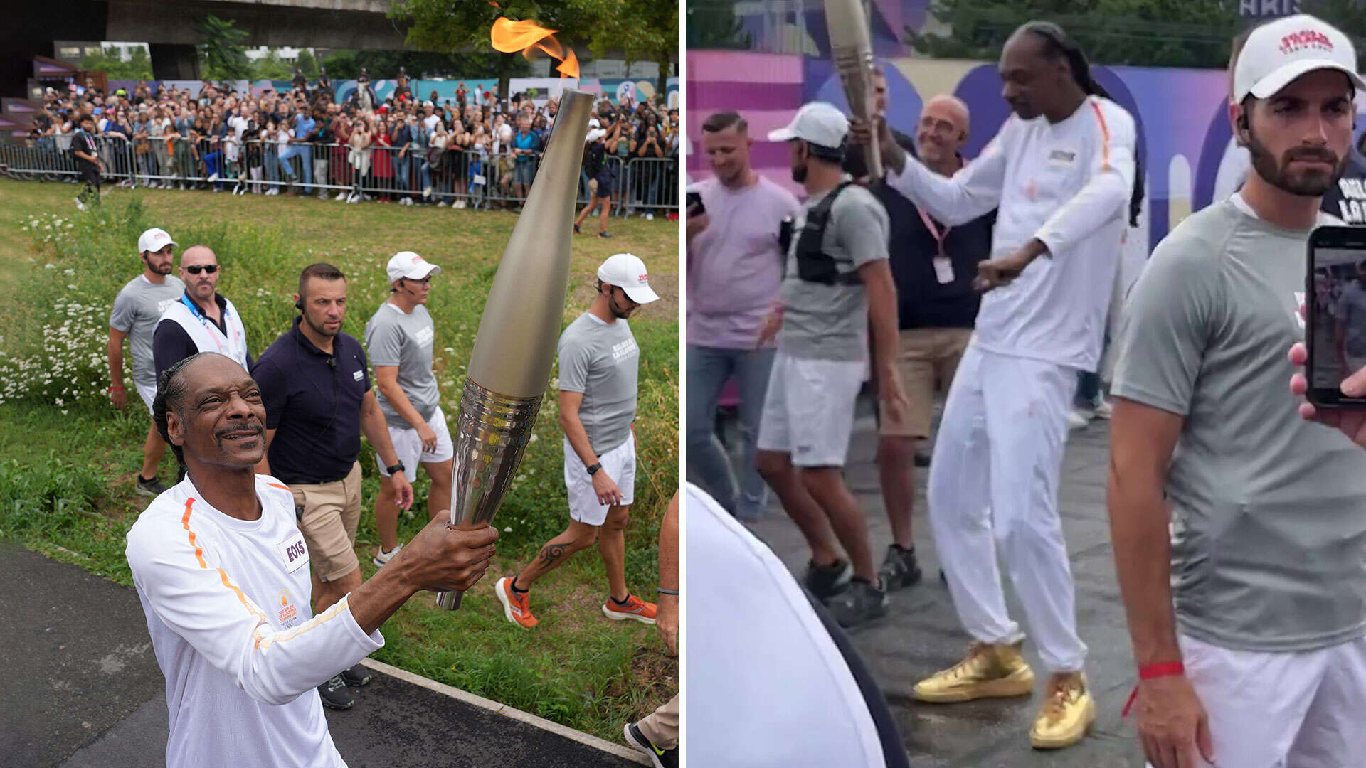 Watch rap legend Snoop Dogg dance with Olympics torch through streets of city