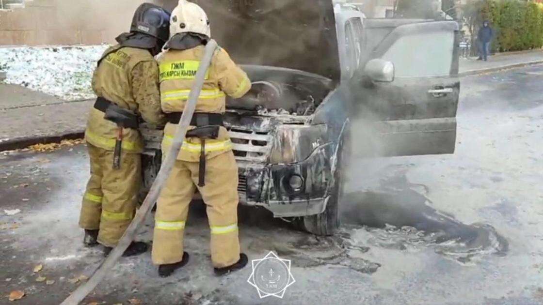 Автомобиль загорелся вдоль автодороги в Астане (видео)