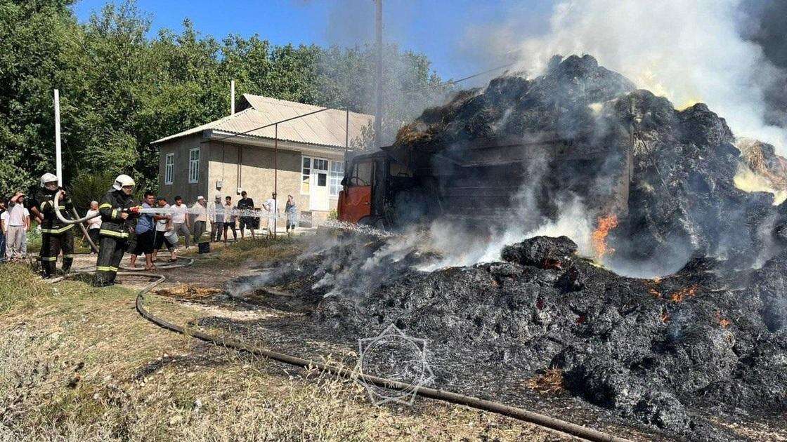 Грузовик с сеном уничтожило огнем, а водитель получил ожоги на юге Казахстана (видео)