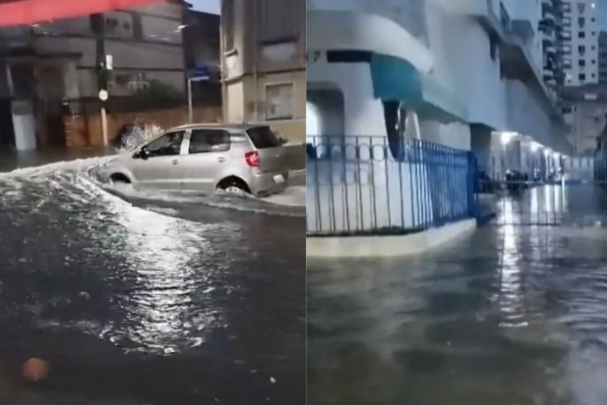 Chuva e maré alta causam alagamentos em ruas de Santos nesta 4ª (6/8)