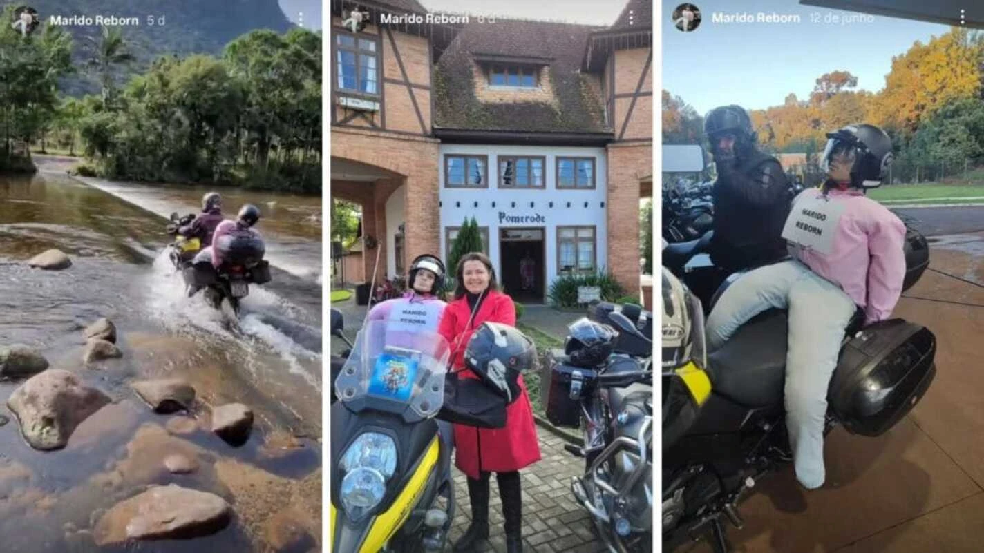 Turista leva “marido reborn” na garupa de moto e provoca risadas. Veja