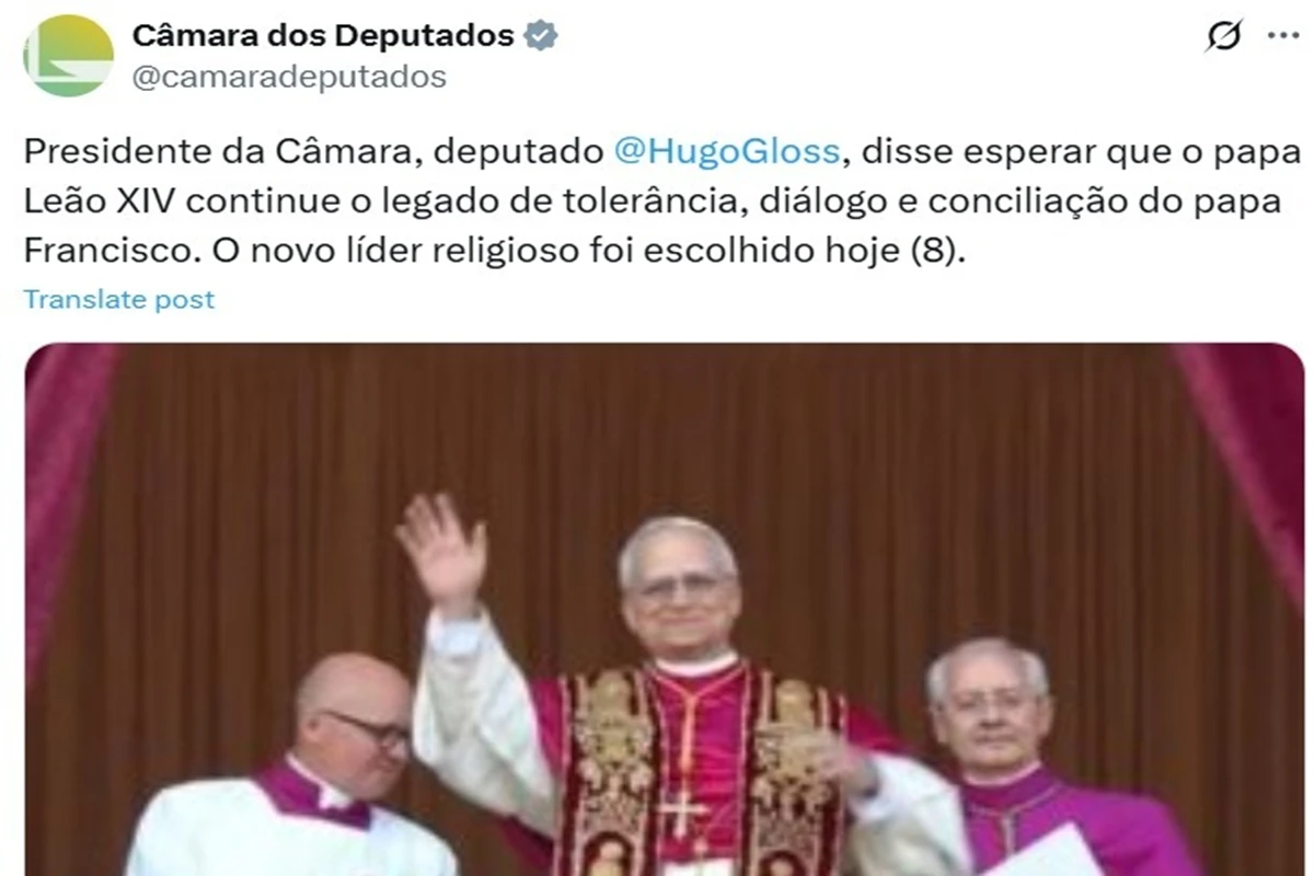 Perfil oficial da Câmara no X erra nome de Hugo Motta ao saudar papa