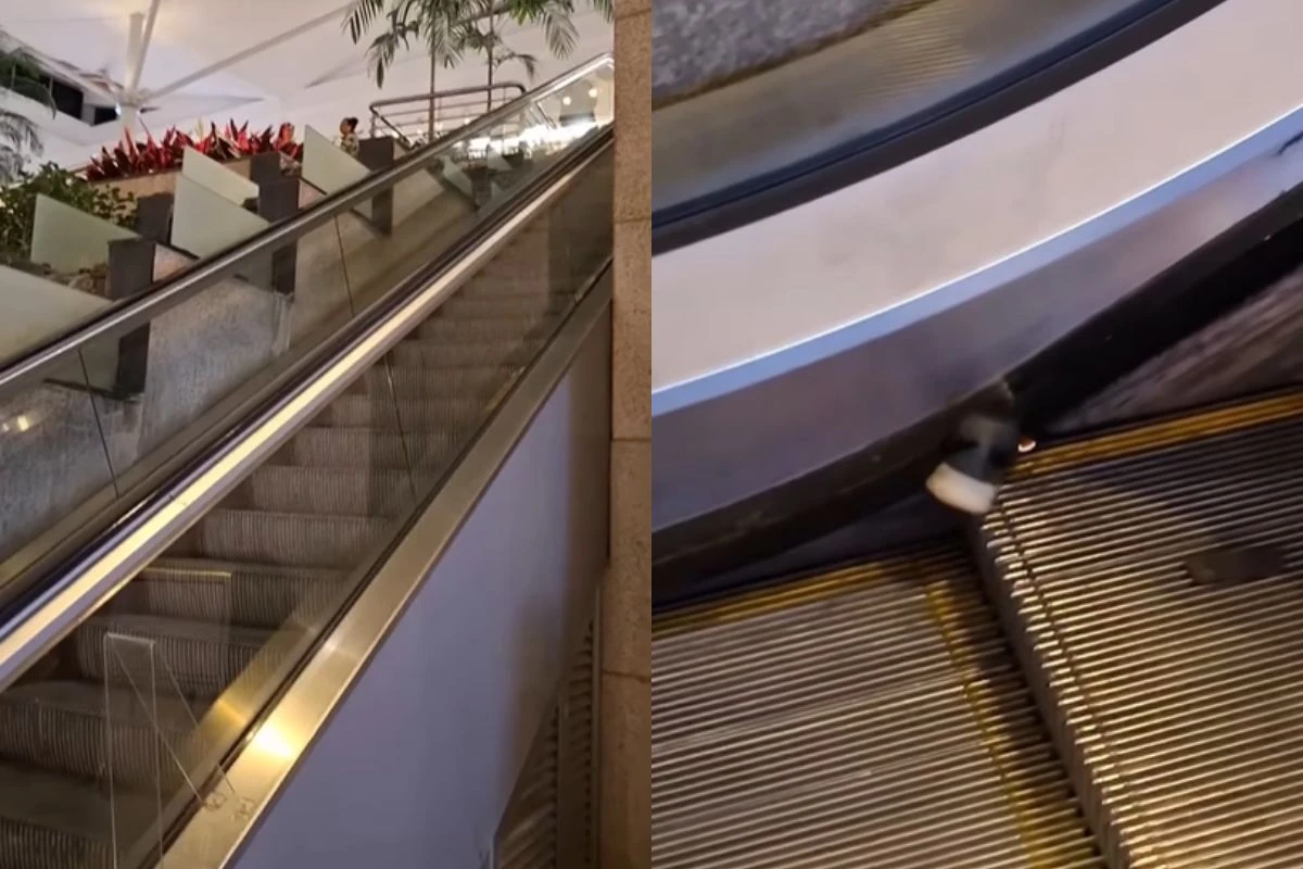 Mãe faz alerta após filho prender tênis em escada rolante de shopping