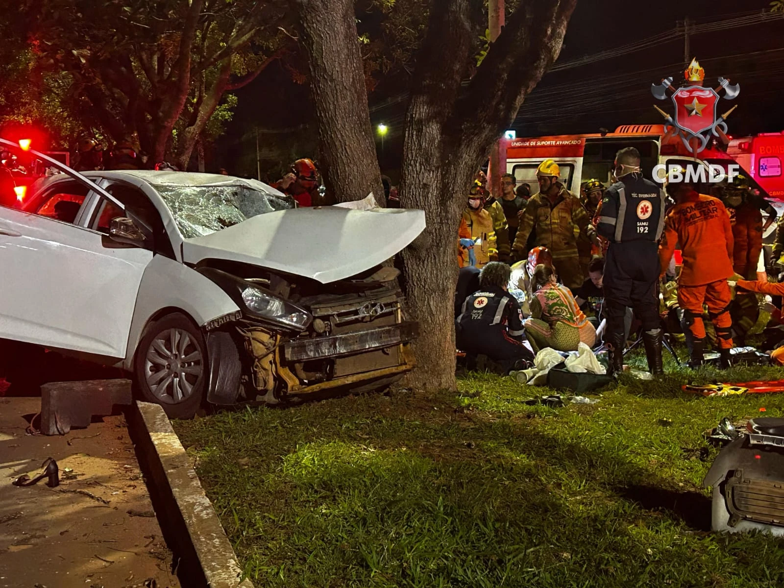 Homem morre e 2 ficam gravemente feridos após carro bater em árvore no DF