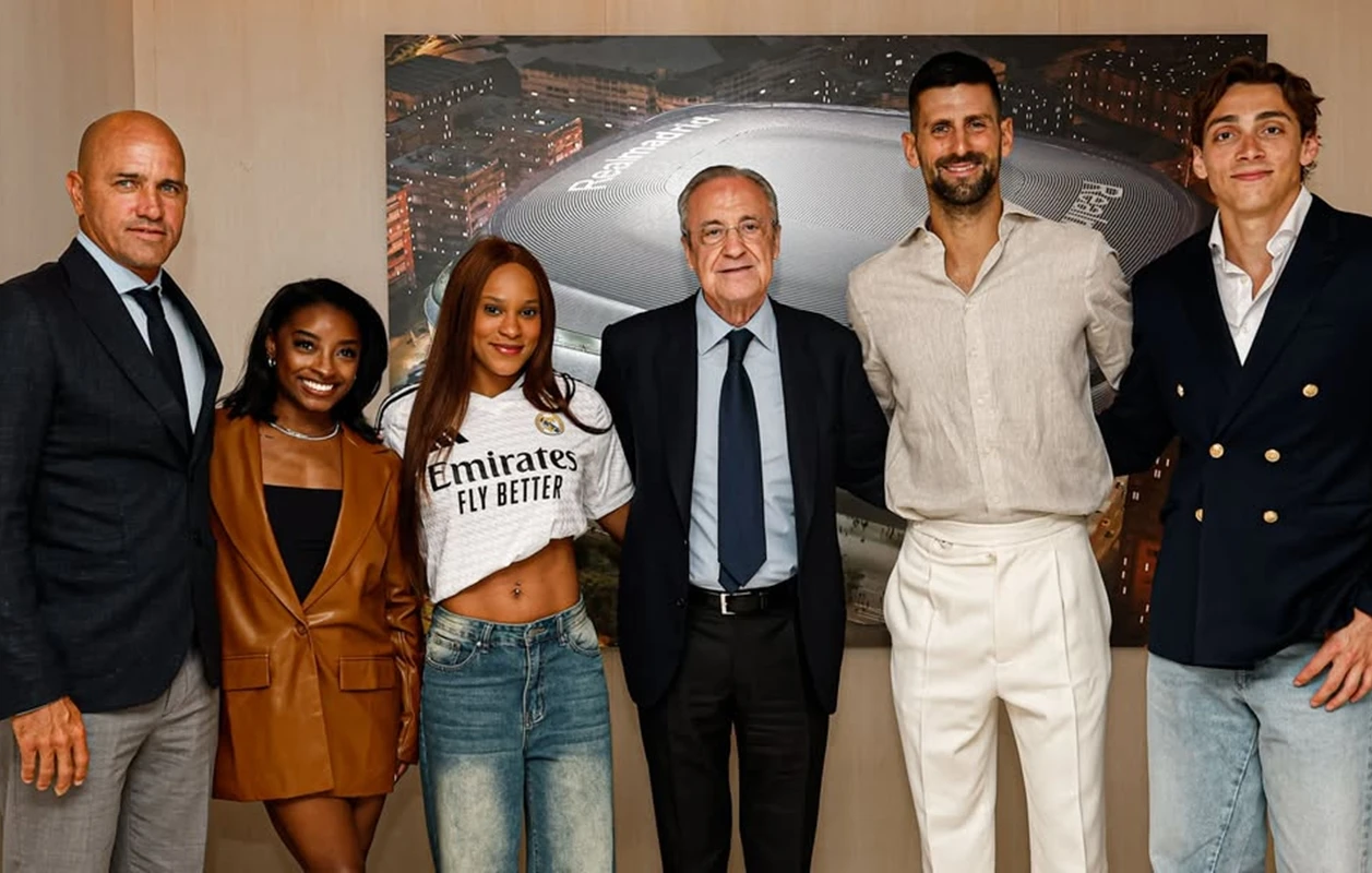 Rebeca Andrade vê jogo do Real Madrid ao lado de lendas do esporte
