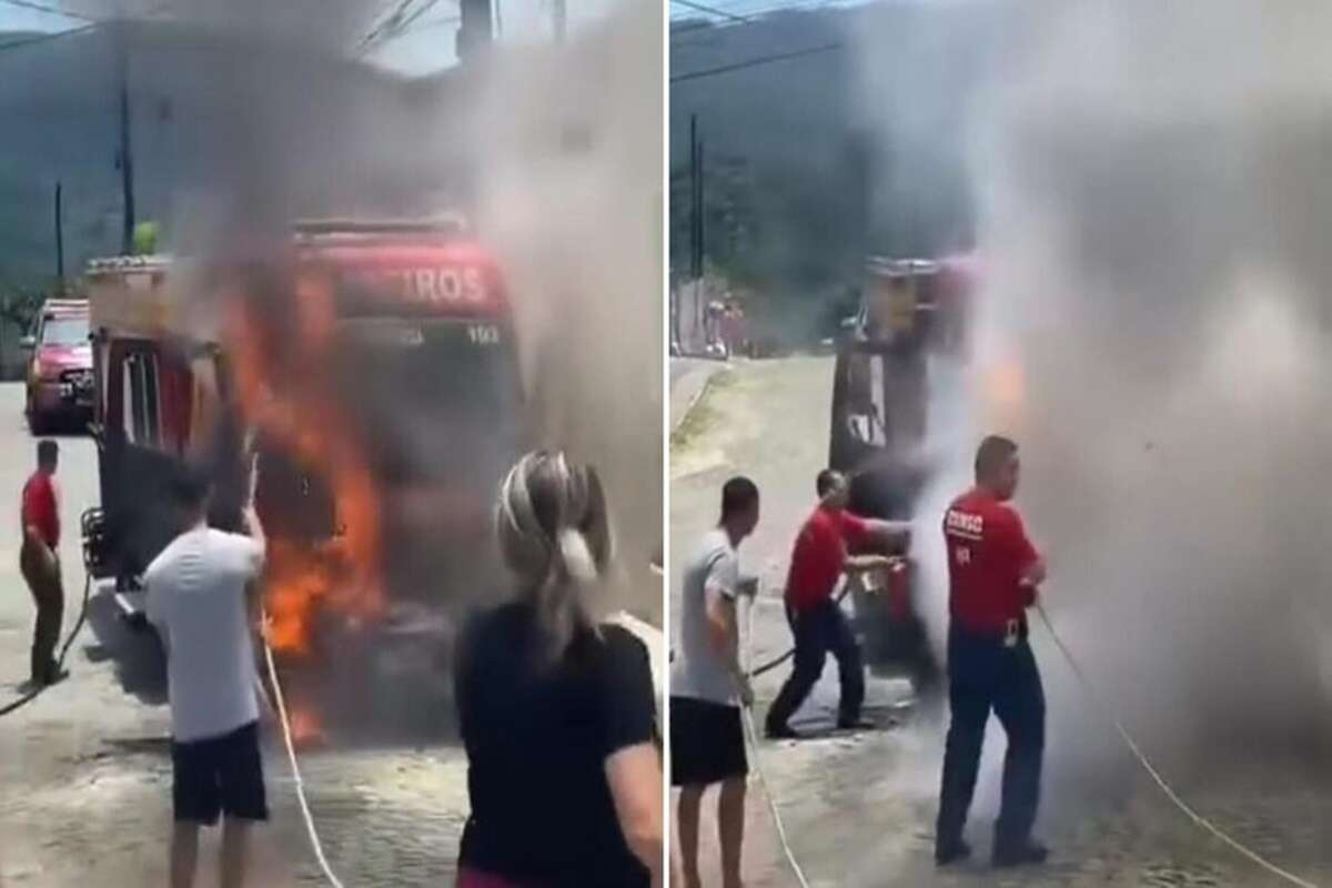 Carro de bombeiros que foi resgatar cobra incendeia e povo apaga fogo