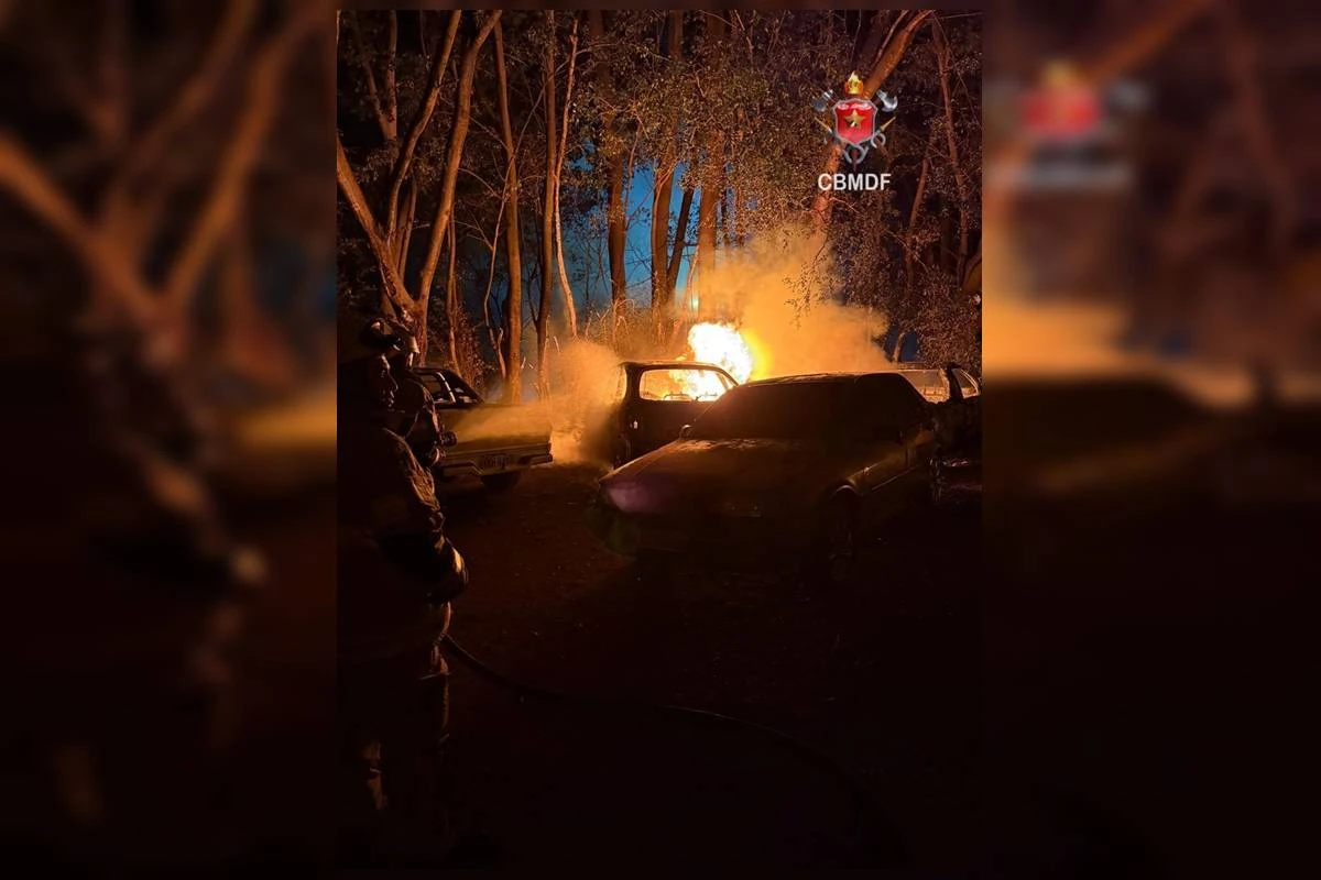 Cinco carros são incendiados no Gama. Veja imagens