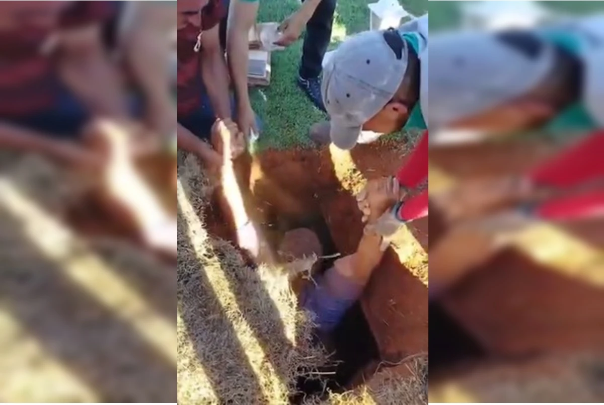 Vídeo: homem cai dentro de caixão após cova abrir em cemitério do DF