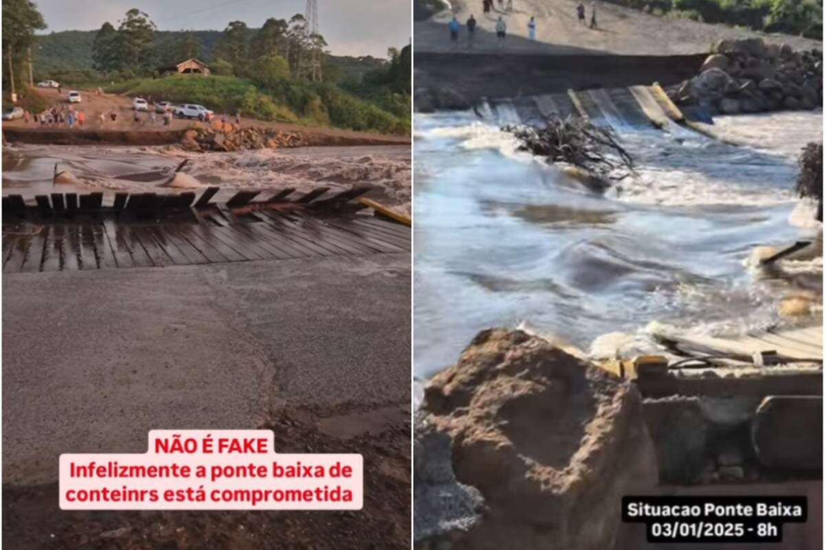 Ponte provisória de contêineres é levada pela correnteza no RS