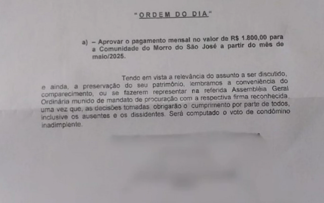 Síndico convoca reunião de condomínio para aprovar “boleto do tráfico”