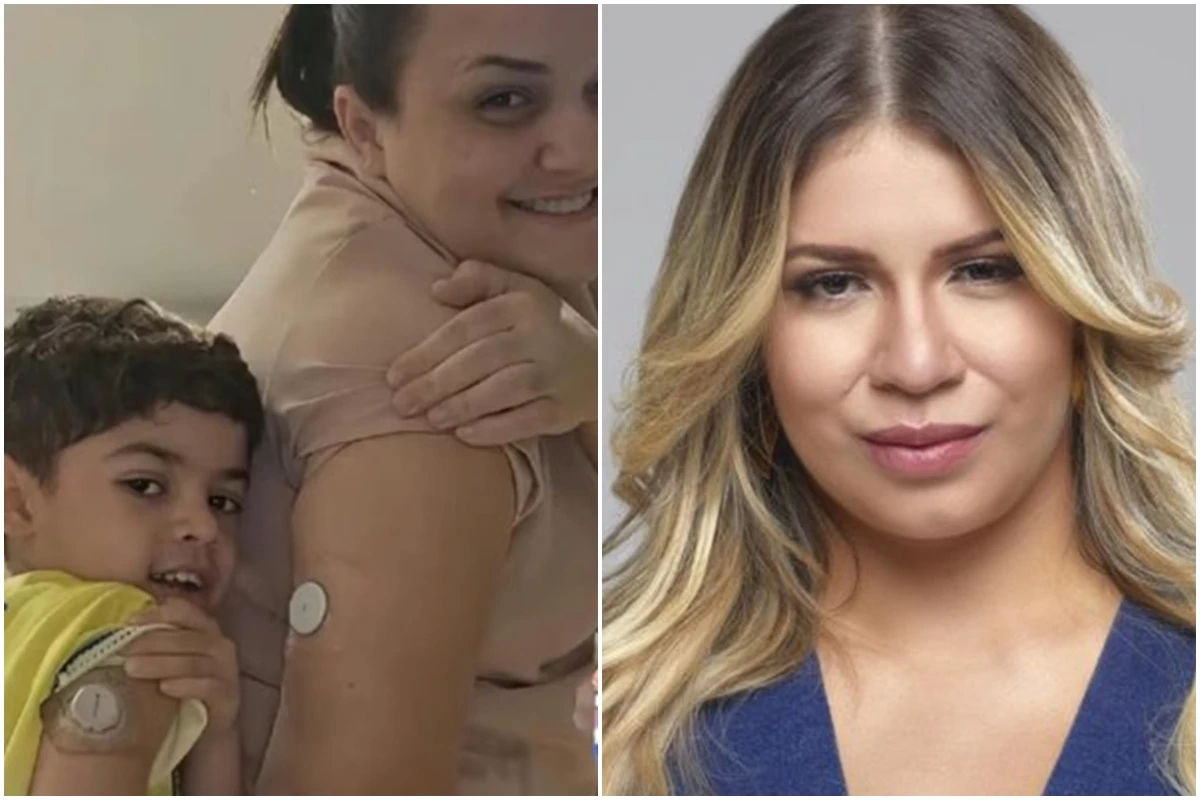 Filho de Marília Mendonça aparece com sensor para monitorar glicose