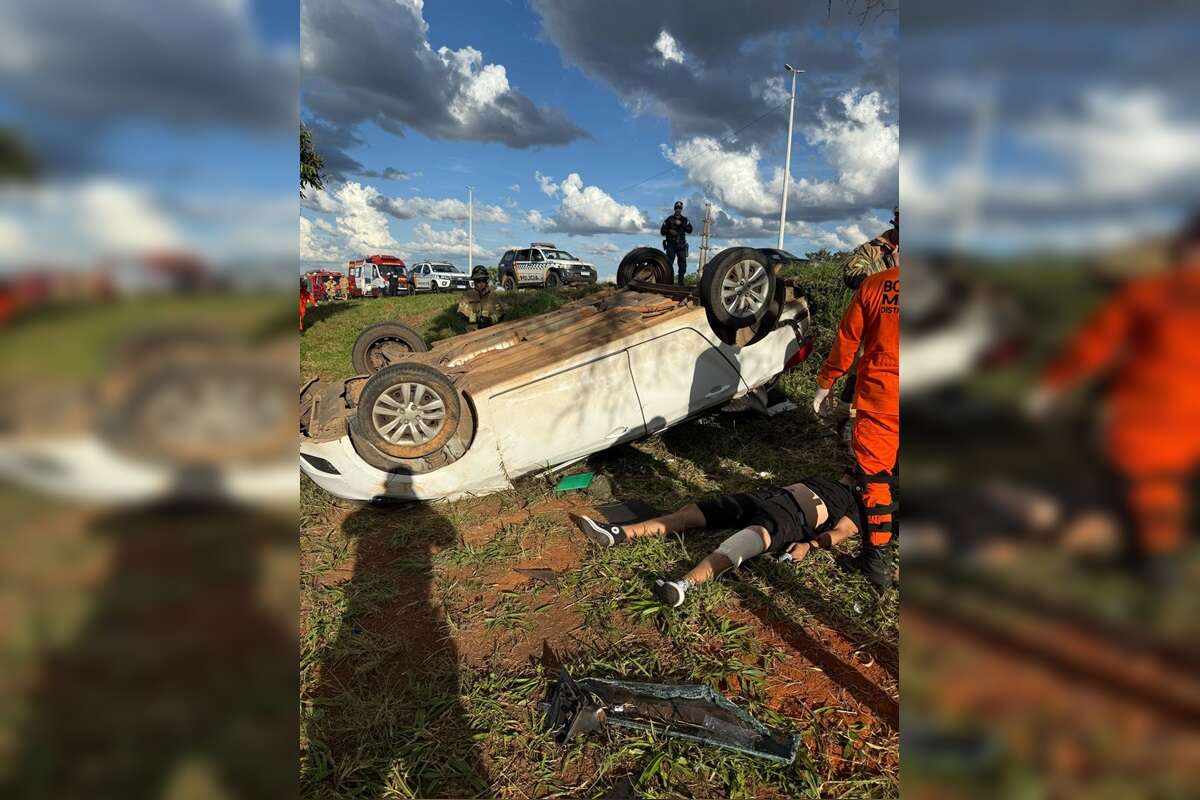 Vídeo: PMs resgatam família que ficou presa em carro capotado no DF