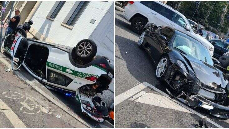 Incidenti stradali, auto dei vigili si scontra con una Ferrari durante un inseguimento e si ribalta nel centro di Milano