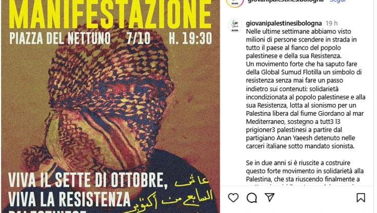 Bologna, i Giovani Palestinesi: “Viva il 7 ottobre, scendiamo in piazza”