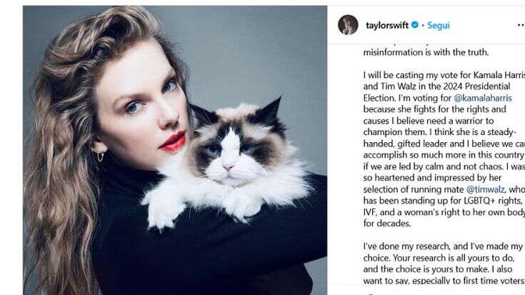 Taylor Swift e lo scatto felino per Kamala Harris: si schiera con il gatto contro Trump