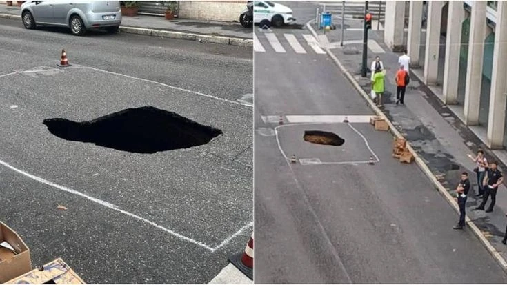 Maxi buca in via Tartini a Milano: l’asfalto ha ceduto dopo la notte di pioggia