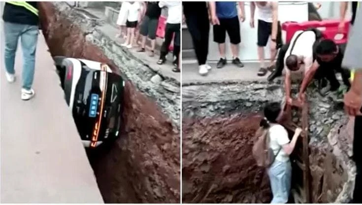 Cina, il robotaxi finisce in una voragine di cantiere: la passeggera si salva