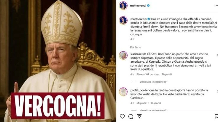 Trump vestito da Papa indigna le opposizioni. Renzi: “Un clown”. I 5 stelle: “Meloni che dice?”