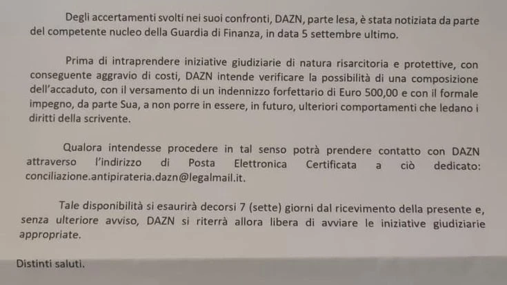 Pezzotto, lettera di Dazn agli utenti pirata: “Pagate 500 euro per comporre il caso e pentitevi”