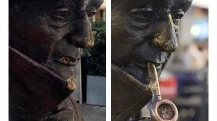 Trieste, rubata la pipa di Saba da via Dante. Ma le telecamere riprendono i ladri